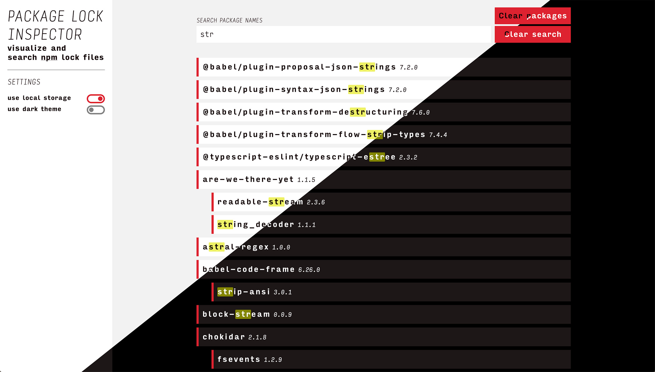 screenshot of package lock inspector application split between light and dark themes